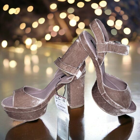 Zara Mauve Pink velvet exotic leather platform high heel sandals NWT - Picture 4 of 8